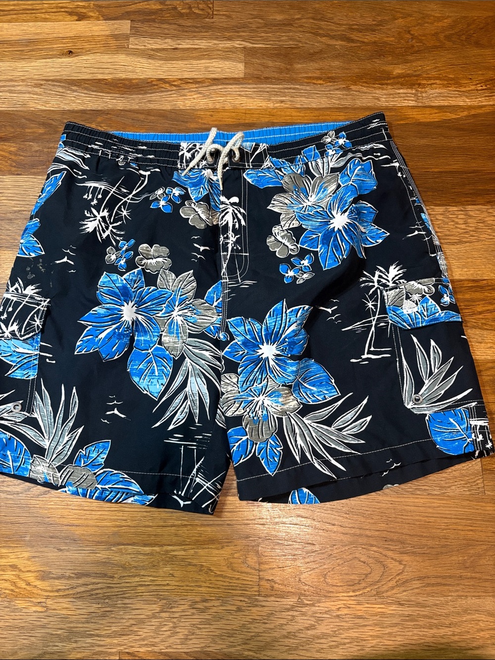 Caribbean Joe Black Swim Board Shorts with Blue Floral Print